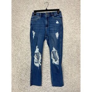 Hollister Curvy High Rise Mom Jeans Womens 26 Blue Denim Distressed Stretch Hole